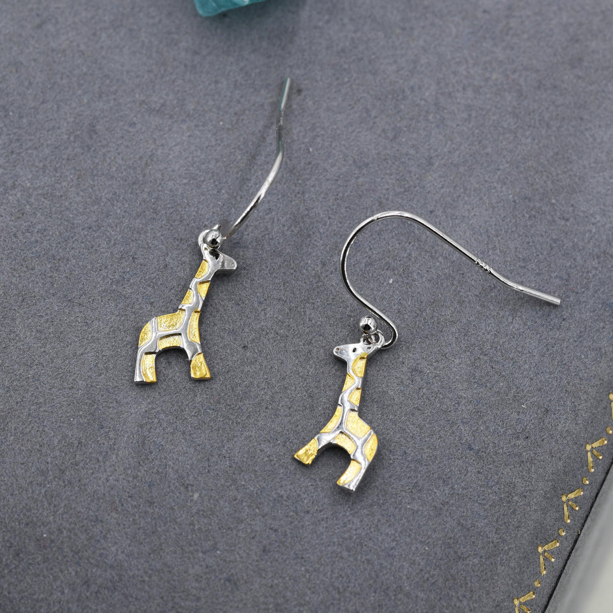 Giraffe Drop Hook Earrings in Sterling Silver, Two Tone Finish, Giraffe Dangle Earrings, Giraffe Drop Earrings