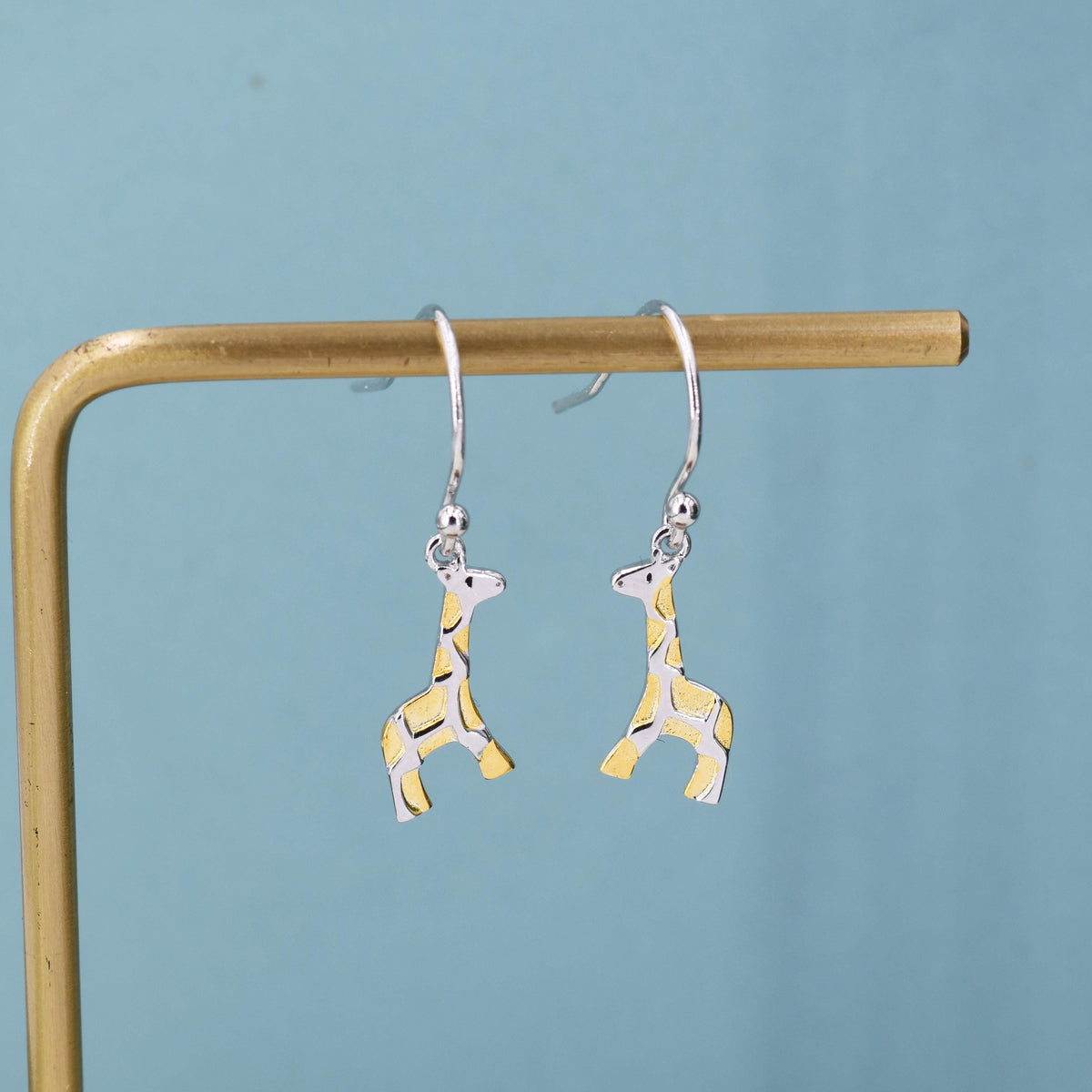 Giraffe Drop Hook Earrings in Sterling Silver, Two Tone Finish, Giraffe Dangle Earrings, Giraffe Drop Earrings