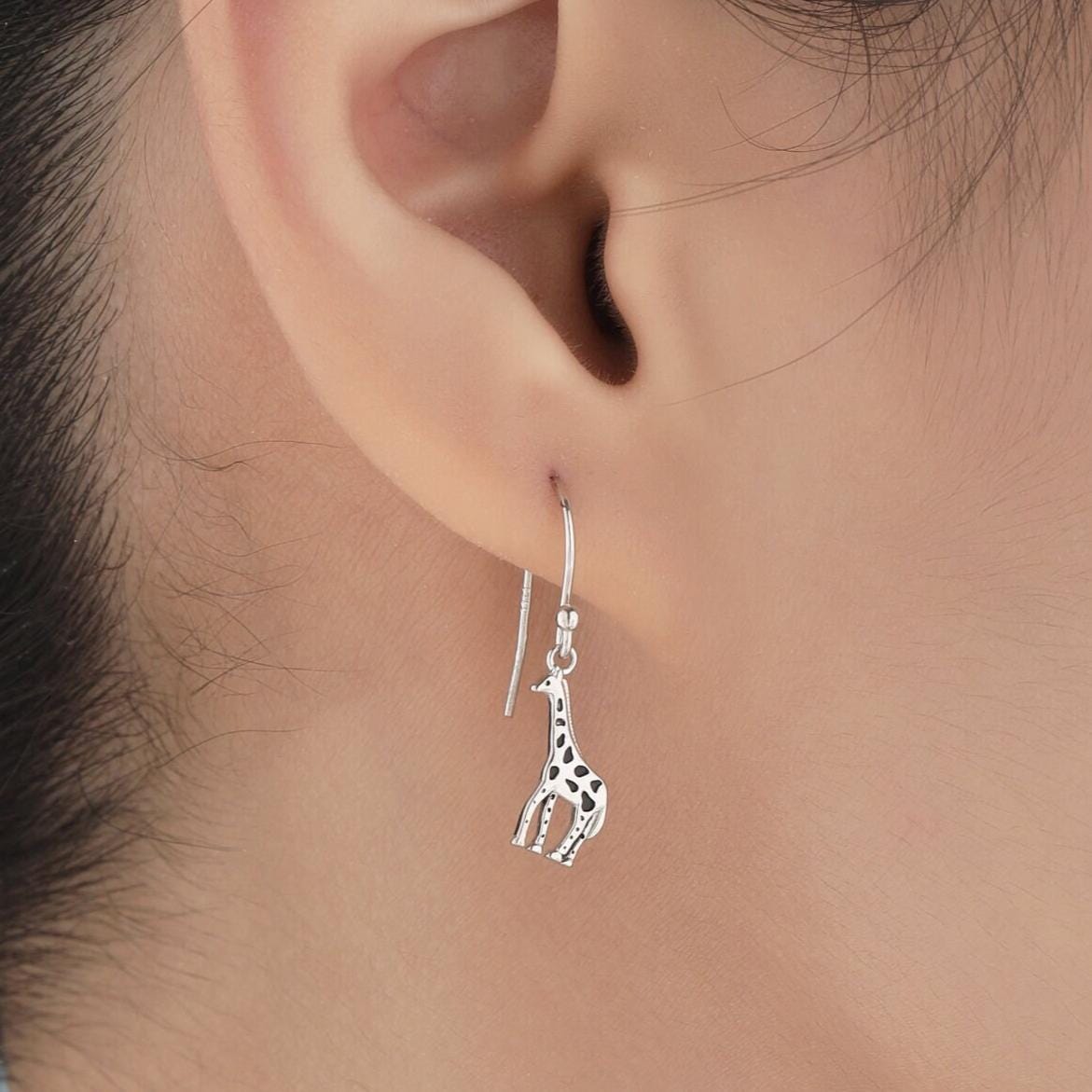 Giraffe Drop Hook Earrings in Sterling Silver, Silver or Gold or Rose Gold, Giraffe Dangle Earrings, Giraffe Drop Earrings
