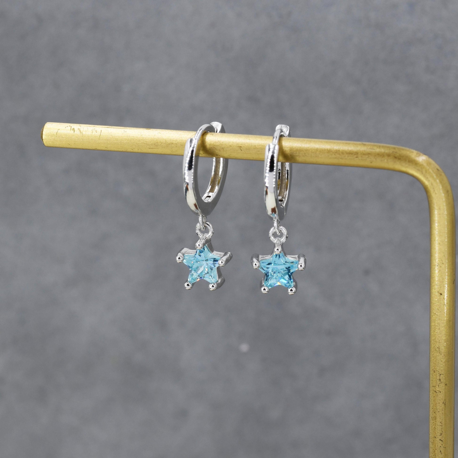 Aqua Blue CZ Star Huggie Hoop Earrings in Sterling Silver, Aquamarine Blue Star Hoops, North Star Dangle Earrings, Celestial Jewellery