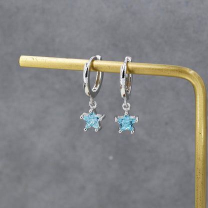 Aqua Blue CZ Star Huggie Hoop Earrings in Sterling Silver, Aquamarine Blue Star Hoops, North Star Dangle Earrings, Celestial Jewellery
