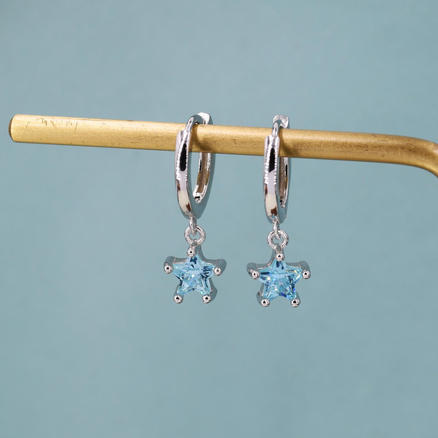 Aqua Blue CZ Star Huggie Hoop Earrings in Sterling Silver, Aquamarine Blue Star Hoops, North Star Dangle Earrings, Celestial Jewellery