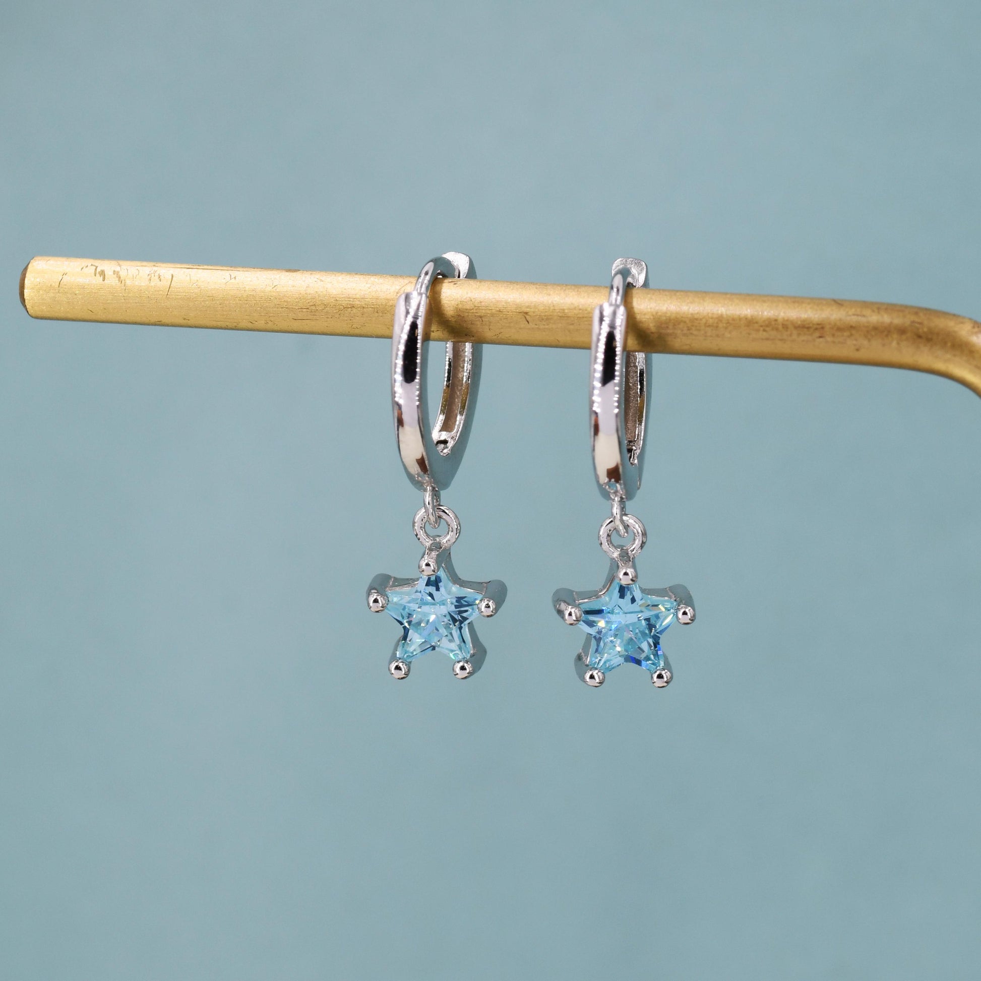 Aqua Blue CZ Star Huggie Hoop Earrings in Sterling Silver, Aquamarine Blue Star Hoops, North Star Dangle Earrings, Celestial Jewellery