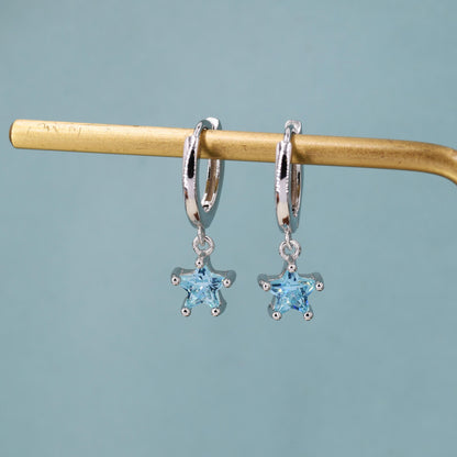 Aqua Blue CZ Star Huggie Hoop Earrings in Sterling Silver, Aquamarine Blue Star Hoops, North Star Dangle Earrings, Celestial Jewellery