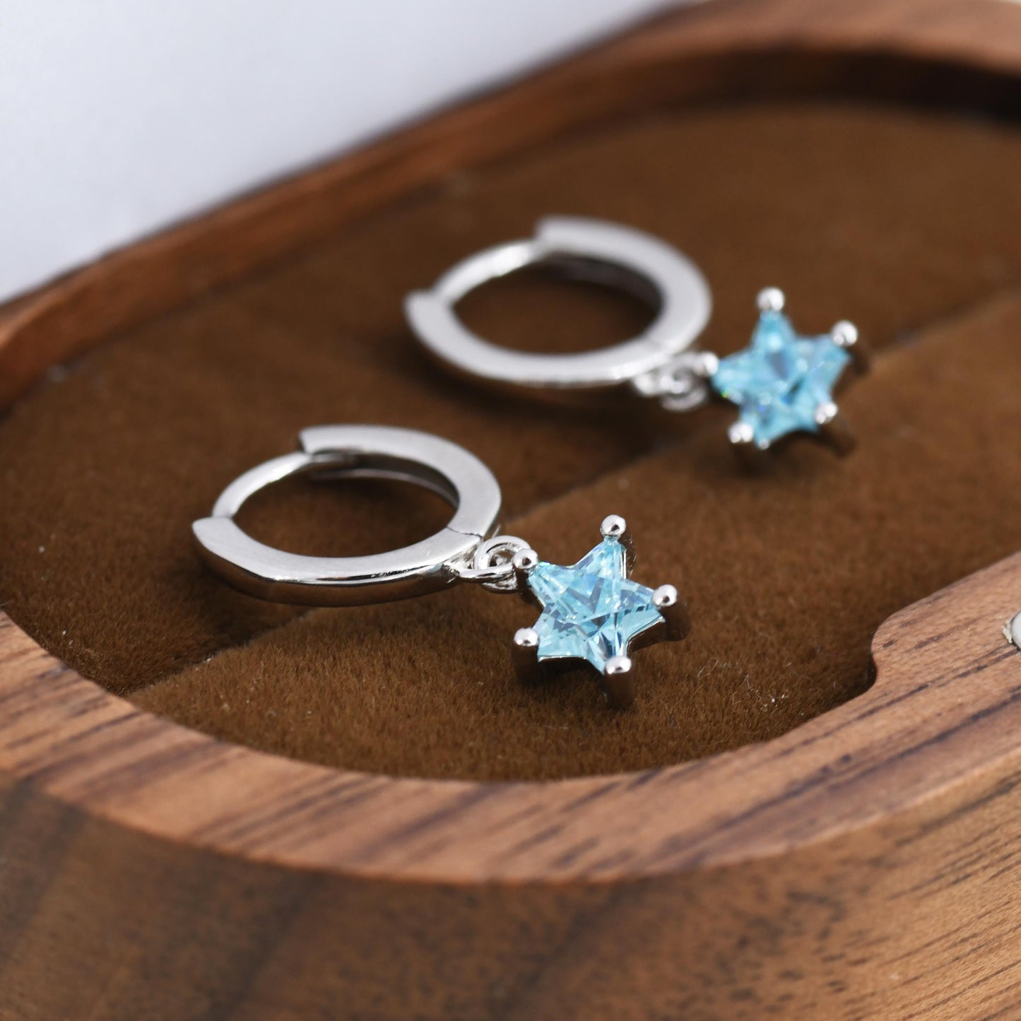 Aqua Blue CZ Star Huggie Hoop Earrings in Sterling Silver, Aquamarine Blue Star Hoops, North Star Dangle Earrings, Celestial Jewellery