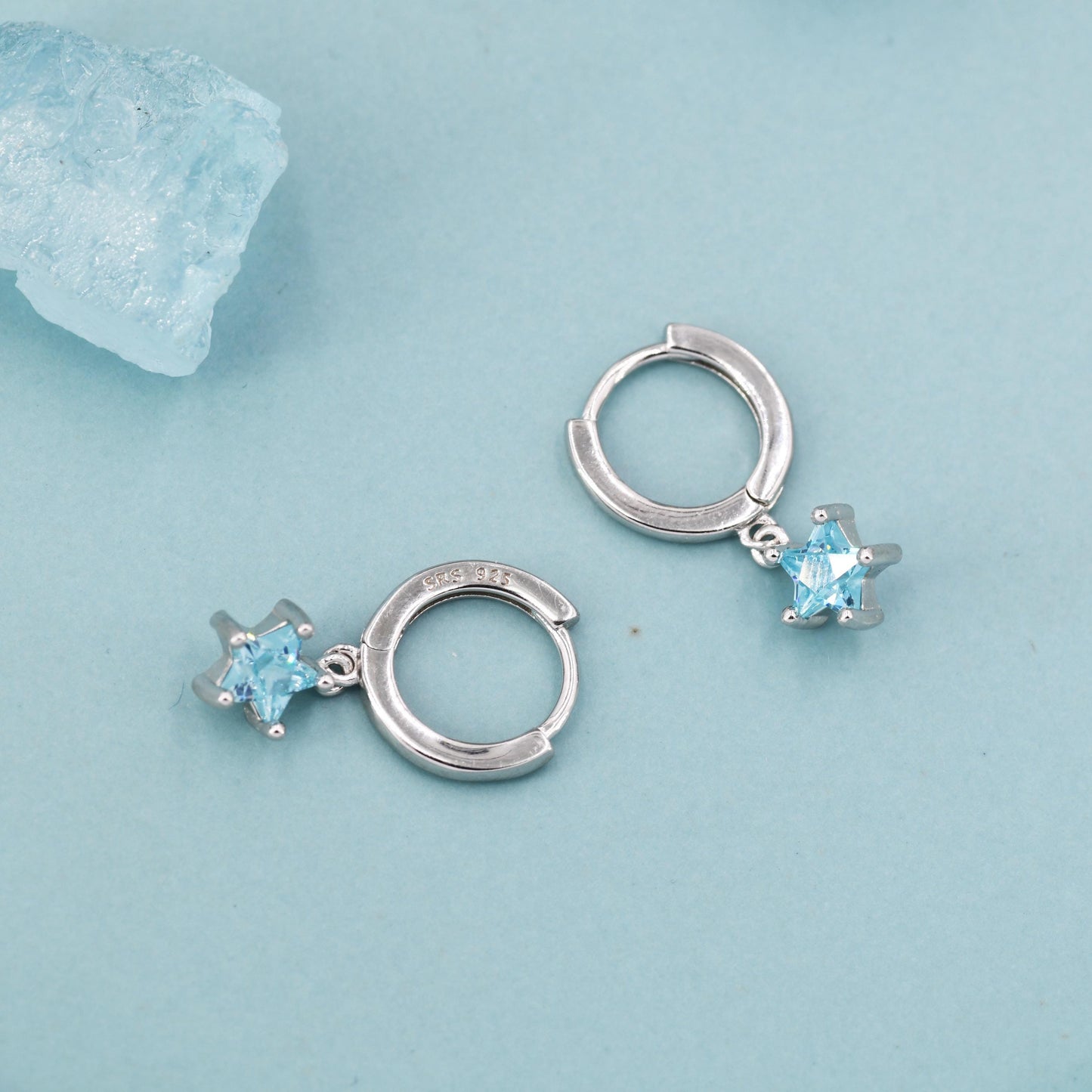 Aqua Blue CZ Star Huggie Hoop Earrings in Sterling Silver, Aquamarine Blue Star Hoops, North Star Dangle Earrings, Celestial Jewellery