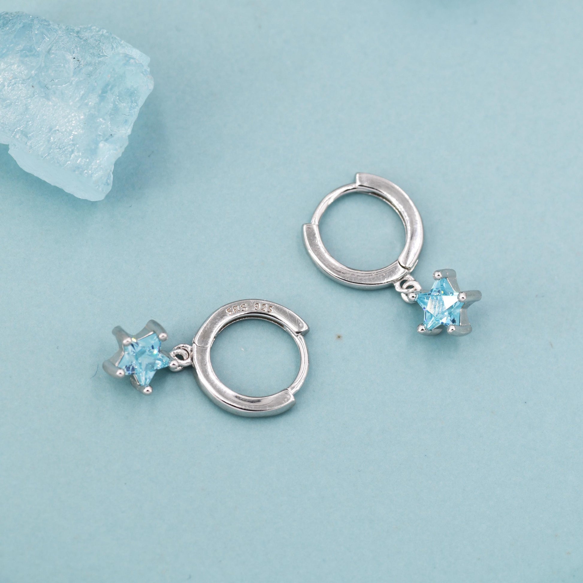 Aqua Blue CZ Star Huggie Hoop Earrings in Sterling Silver, Aquamarine Blue Star Hoops, North Star Dangle Earrings, Celestial Jewellery
