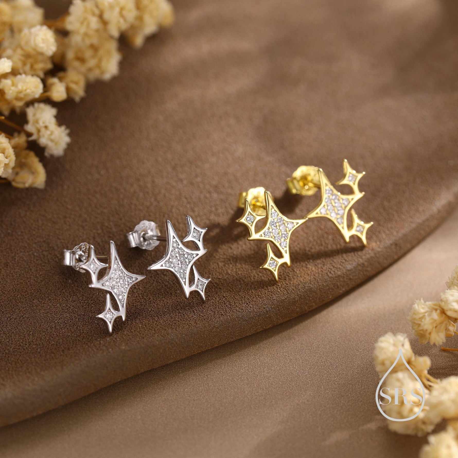 Sparkly Stars CZ Stud Earrings in Sterling Silver, Four Point Star Earrings, Silver or Gold, Three Star Earrings, Celestial Earrings