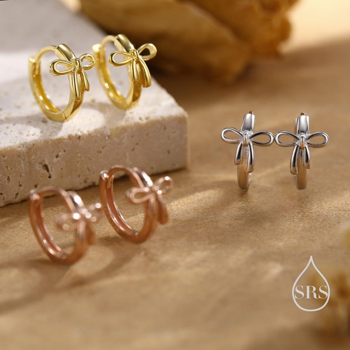 Dainty Ribbon Bow Huggie Hoop Earrings in Sterling Silver, Silver or Gold or Rose Gold, Ribbon Bow Earrings, Ribbon Bow Huggies