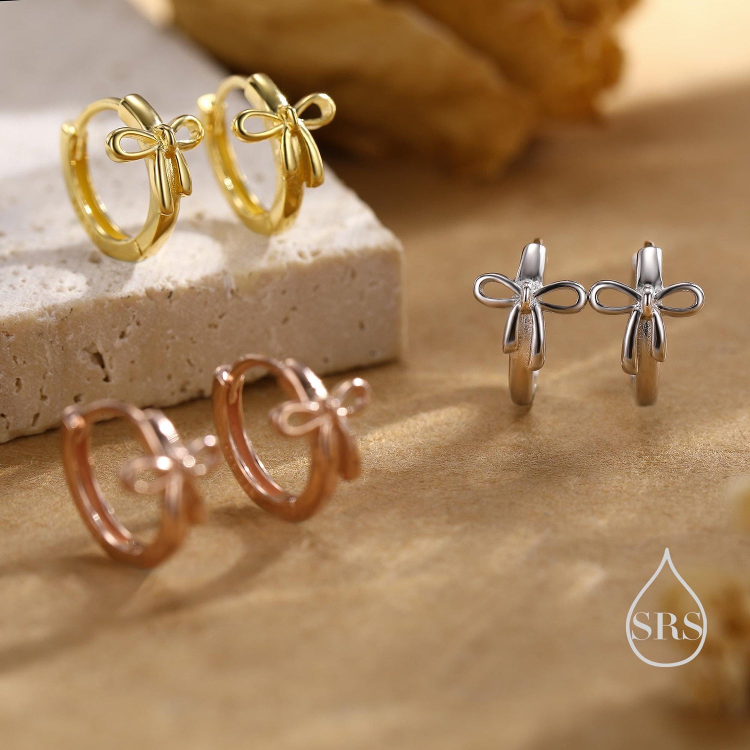 Dainty Ribbon Bow Huggie Hoop Earrings in Sterling Silver, Silver or Gold or Rose Gold, Ribbon Bow Earrings, Ribbon Bow Huggies