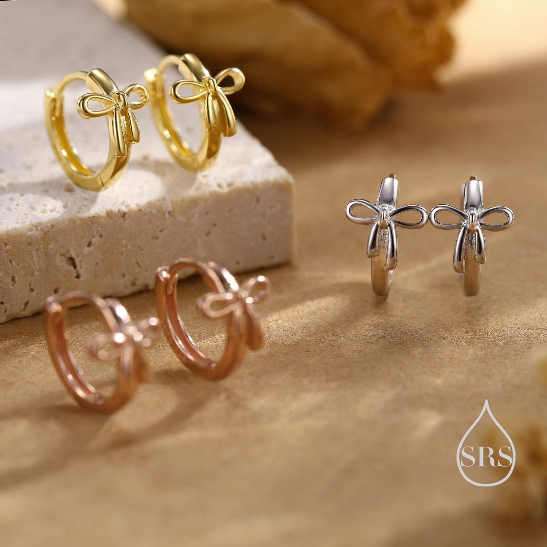 Dainty Ribbon Bow Huggie Hoop Earrings in Sterling Silver, Silver or Gold or Rose Gold, Ribbon Bow Earrings, Ribbon Bow Huggies