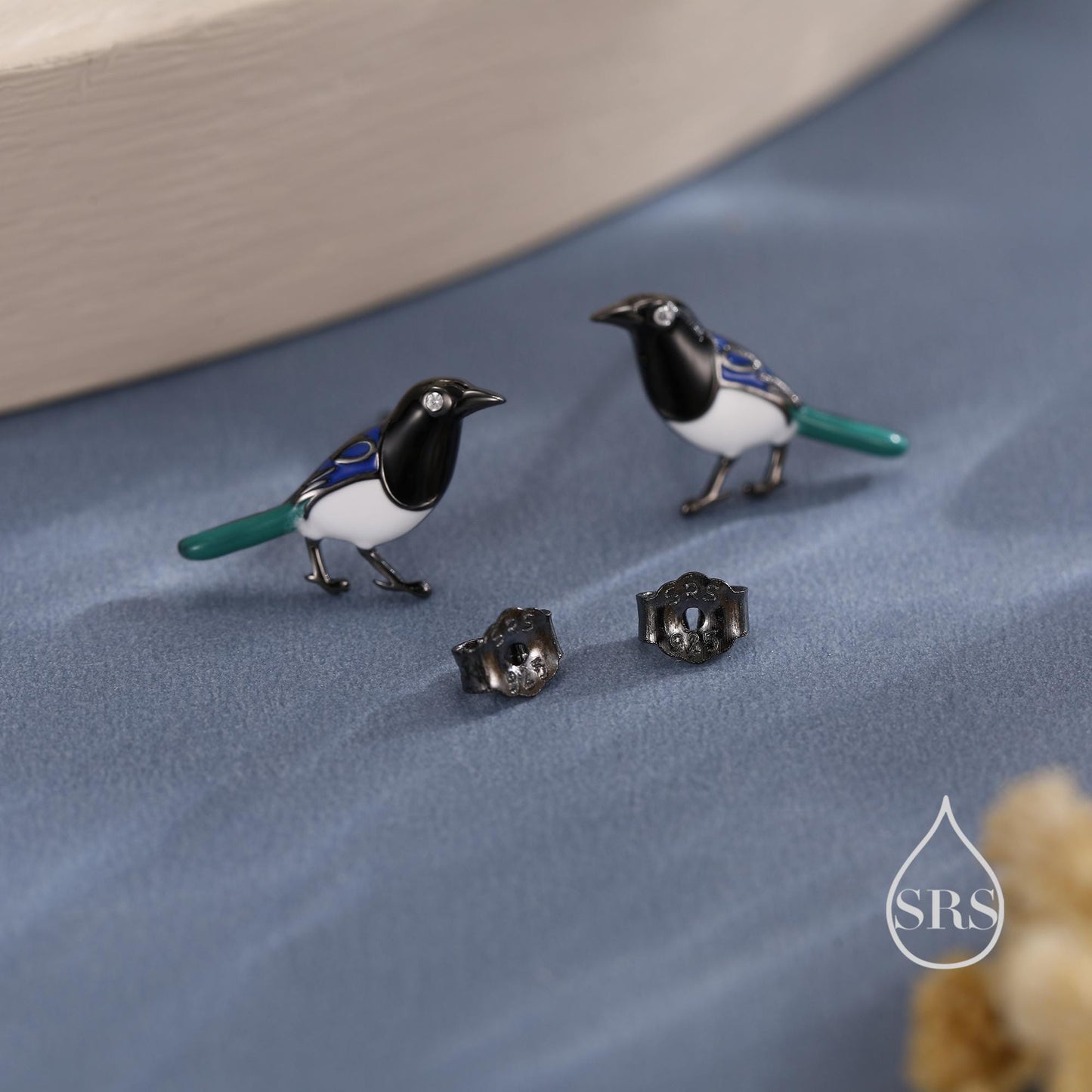 Tiny Sterling Silver Magpie Bird Stud Earrings, Enamel Coated Magpie Bird Earrings, Nature Inspired Animal Earrings, Magpie Stud