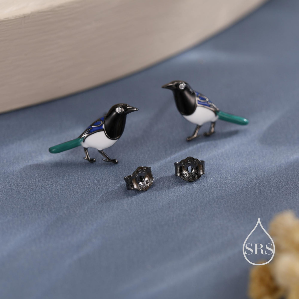 Tiny Sterling Silver Magpie Bird Stud Earrings, Enamel Coated Magpie Bird Earrings, Nature Inspired Animal Earrings, Magpie Stud