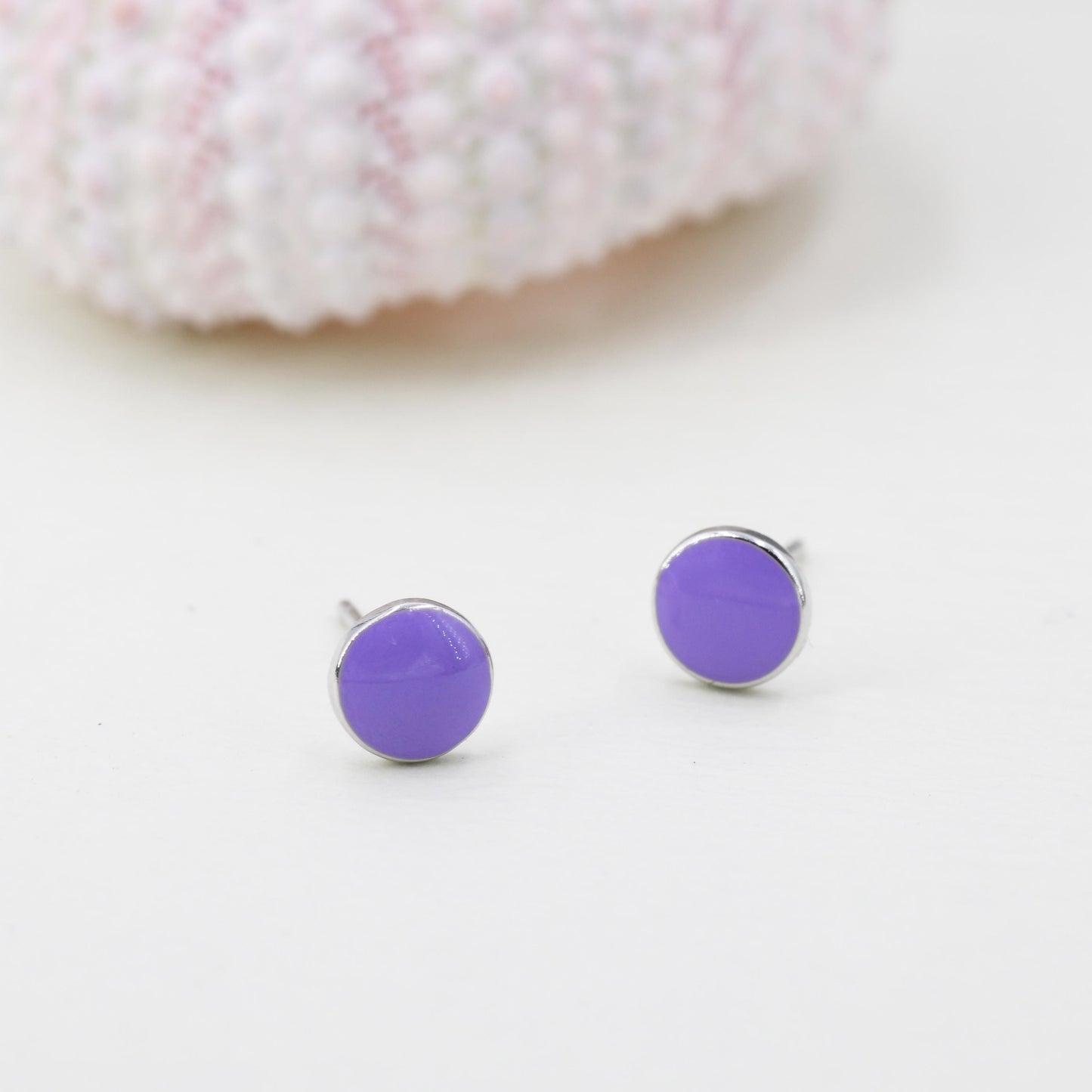 Enamel Purple Round Dot Stud Earrings in Sterling Silver with Hand Painted Enamel, Pastel Purple Stud,