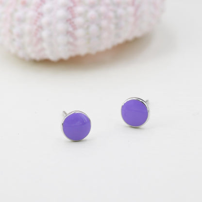 Enamel Purple Round Dot Stud Earrings in Sterling Silver with Hand Painted Enamel, Pastel Purple Stud,