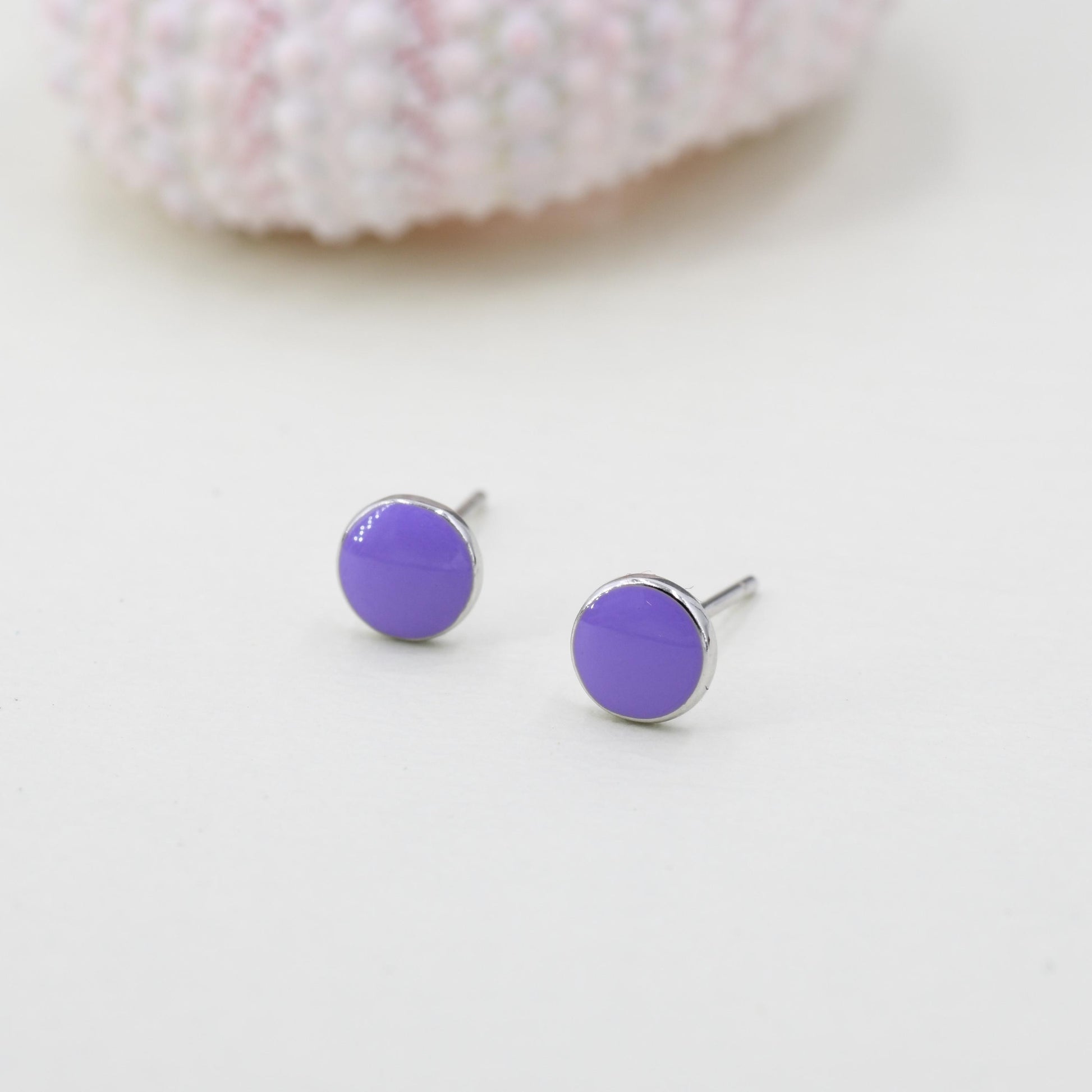 Enamel Purple Round Dot Stud Earrings in Sterling Silver with Hand Painted Enamel, Pastel Purple Stud,