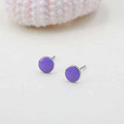 Enamel Purple Round Dot Stud Earrings in Sterling Silver with Hand Painted Enamel, Pastel Purple Stud,
