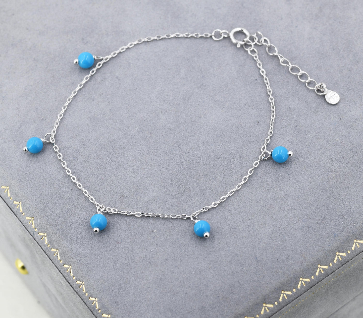 Blue Turquoise Bracelet in Sterling Silver, Blue Turquoise Beaded Bracelet, Colour Enhanced Natural Turquoise Bracelet