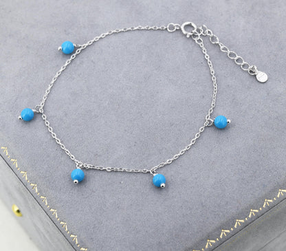 Blue Turquoise Bracelet in Sterling Silver, Blue Turquoise Beaded Bracelet, Colour Enhanced Natural Turquoise Bracelet