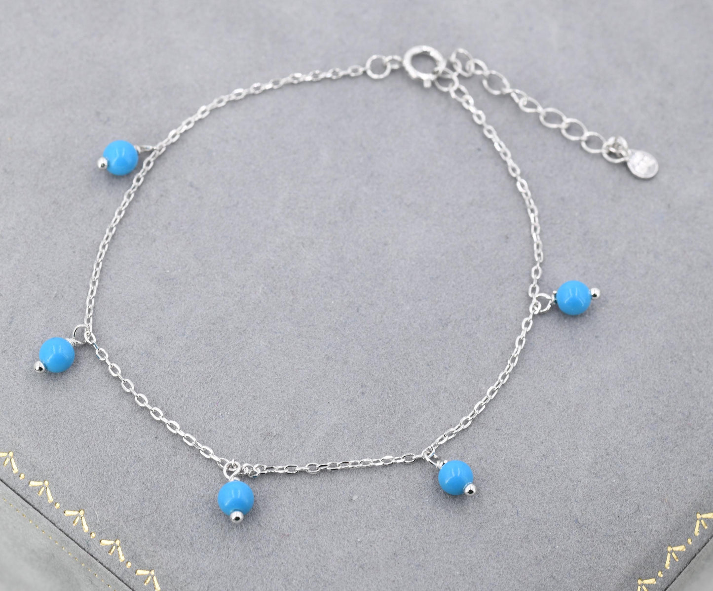 Blue Turquoise Bracelet in Sterling Silver, Blue Turquoise Beaded Bracelet, Colour Enhanced Natural Turquoise Bracelet