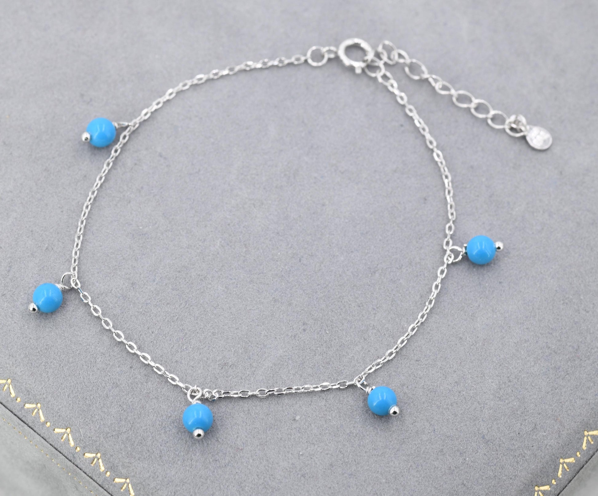 Blue Turquoise Bracelet in Sterling Silver, Blue Turquoise Beaded Bracelet, Colour Enhanced Natural Turquoise Bracelet