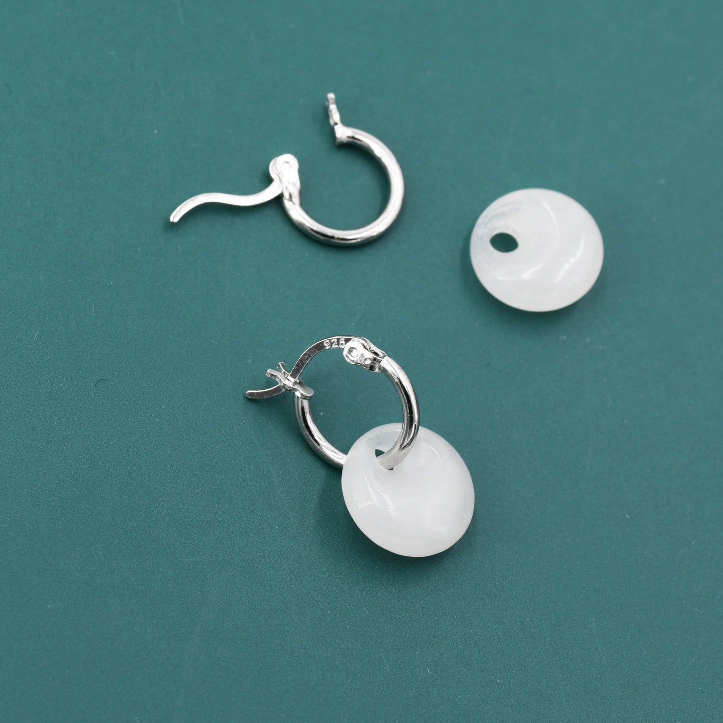 Genuine White Jade Donut Huggie Hoop Earrings in Sterling Silver, Detachable Natural White Jade Coin Charm Hoop Earrings, Silver or Gold