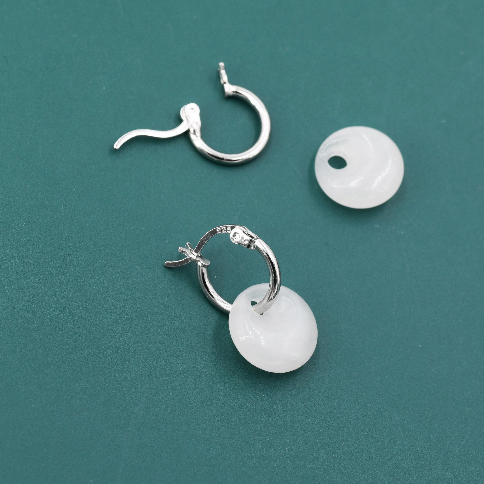 Genuine White Jade Donut Huggie Hoop Earrings in Sterling Silver, Detachable Natural White Jade Coin Charm Hoop Earrings, Silver or Gold