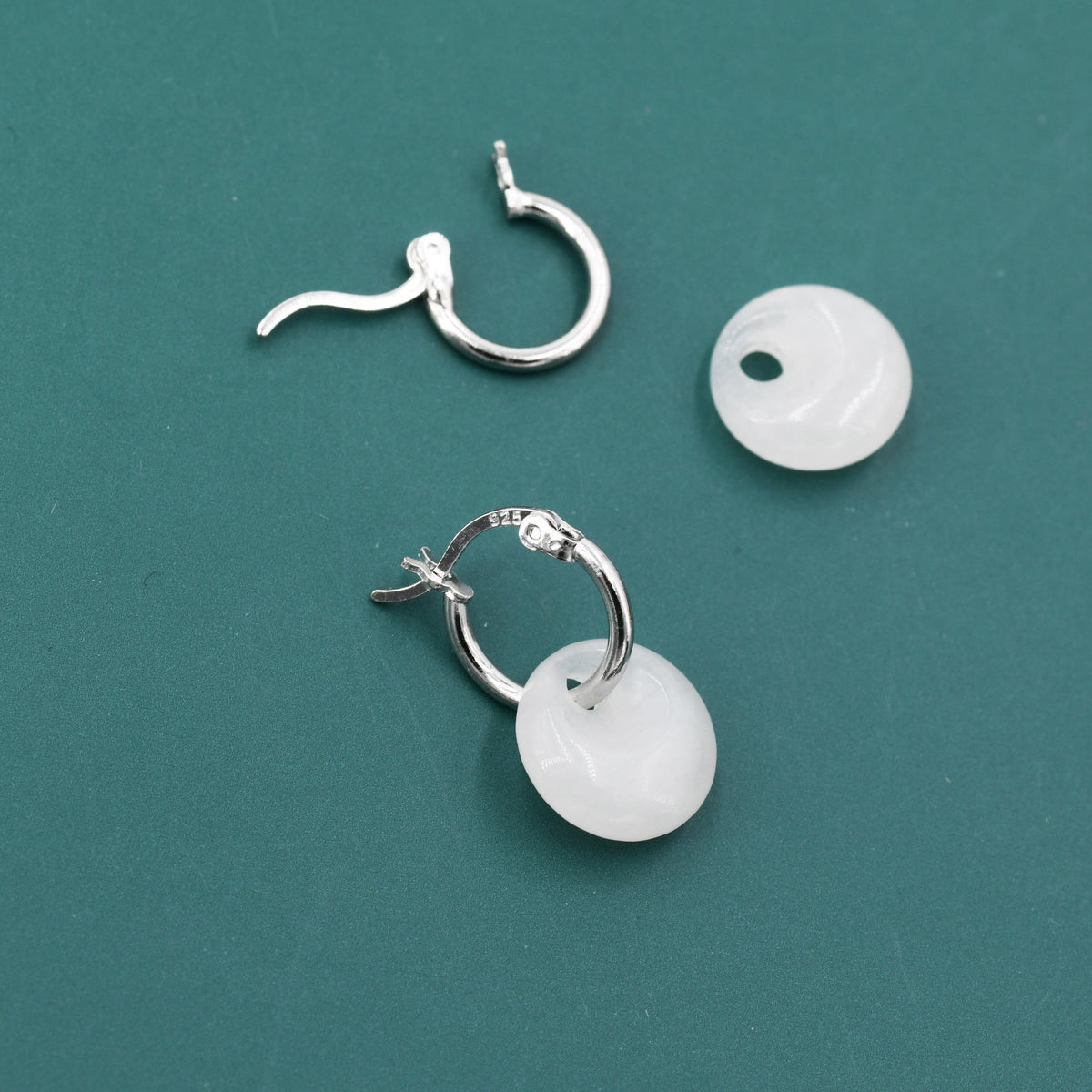 Genuine White Jade Donut Huggie Hoop Earrings in Sterling Silver, Detachable Natural White Jade Coin Charm Hoop Earrings, Silver or Gold