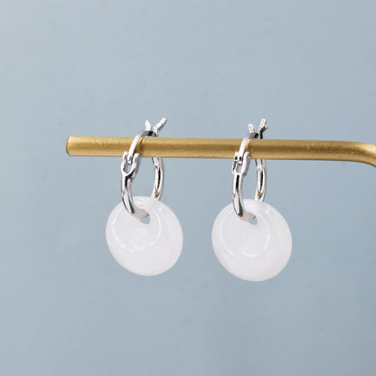 Genuine White Jade Donut Huggie Hoop Earrings in Sterling Silver, Detachable Natural White Jade Coin Charm Hoop Earrings, Silver or Gold