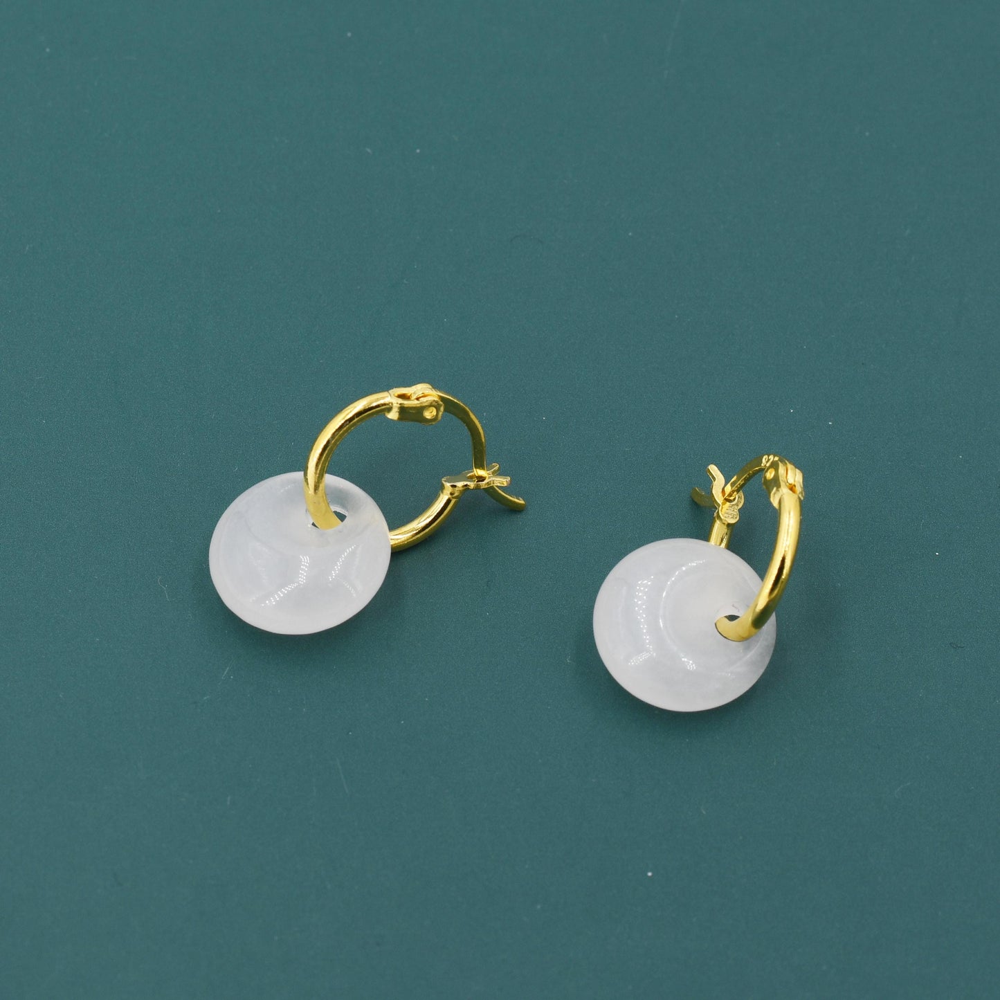 Genuine White Jade Donut Huggie Hoop Earrings in Sterling Silver, Detachable Natural White Jade Coin Charm Hoop Earrings, Silver or Gold