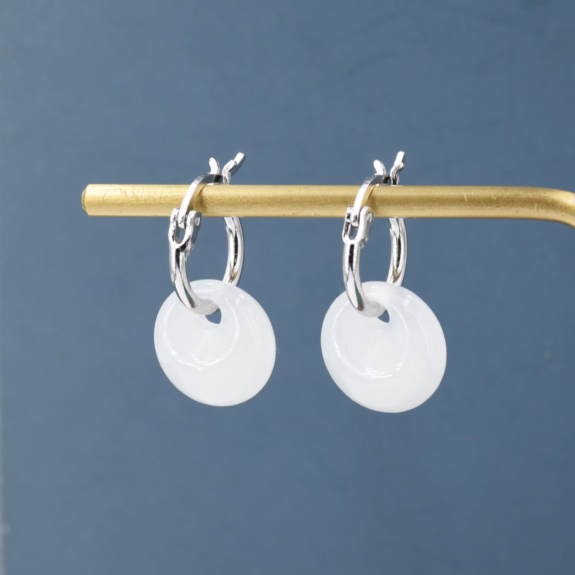 Genuine White Jade Donut Huggie Hoop Earrings in Sterling Silver, Detachable Natural White Jade Coin Charm Hoop Earrings, Silver or Gold