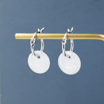 Genuine White Jade Donut Huggie Hoop Earrings in Sterling Silver, Detachable Natural White Jade Coin Charm Hoop Earrings, Silver or Gold
