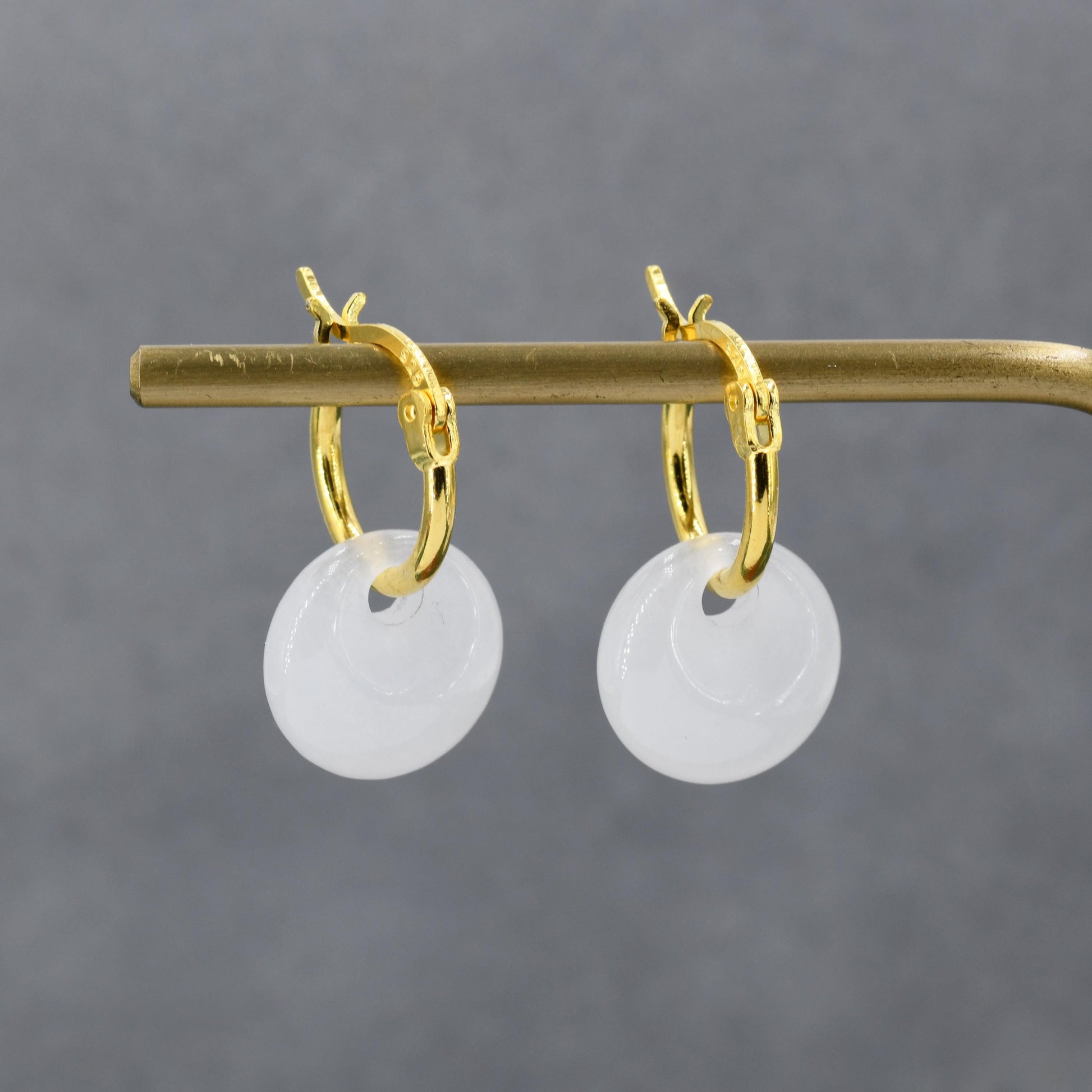 Genuine White Jade Donut Huggie Hoop Earrings in Sterling Silver, Detachable Natural White Jade Coin Charm Hoop Earrings, Silver or Gold