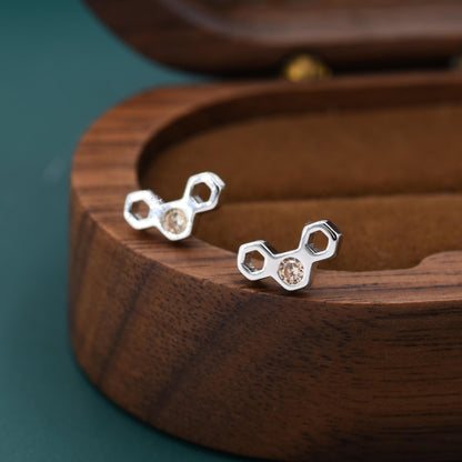 Tiny Honeycomb Stud Earrings in Sterling Silver, Silver or Gold, Nature Inspired