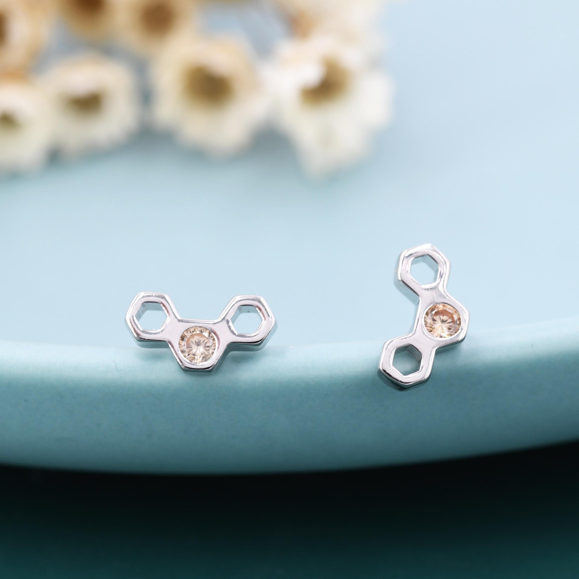 Tiny Honeycomb Stud Earrings in Sterling Silver, Silver or Gold, Nature Inspired