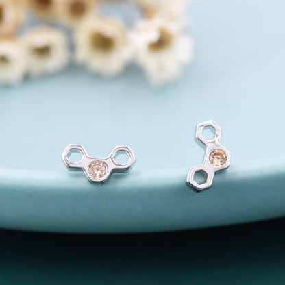 Tiny Honeycomb Stud Earrings in Sterling Silver, Silver or Gold, Nature Inspired