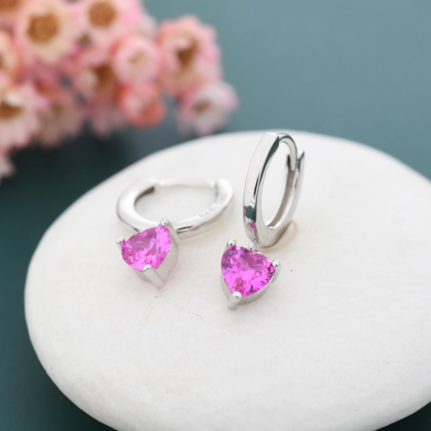 Ruby Pink Heart CZ Huggie Hoop in Sterling Silver, 8mm Inner Diameter, Stacking Earrings, July Birthstone