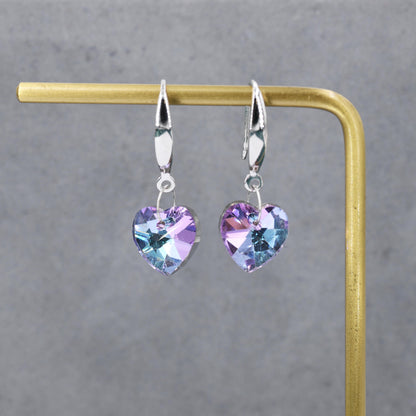 Alexandrite CZ Heart Drop Dangle Earrings in Sterling Silver, Silver or Rose Gold, Blue Crystal Heart Earrings