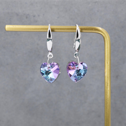Alexandrite CZ Heart Drop Dangle Earrings in Sterling Silver, Silver or Rose Gold, Blue Crystal Heart Earrings