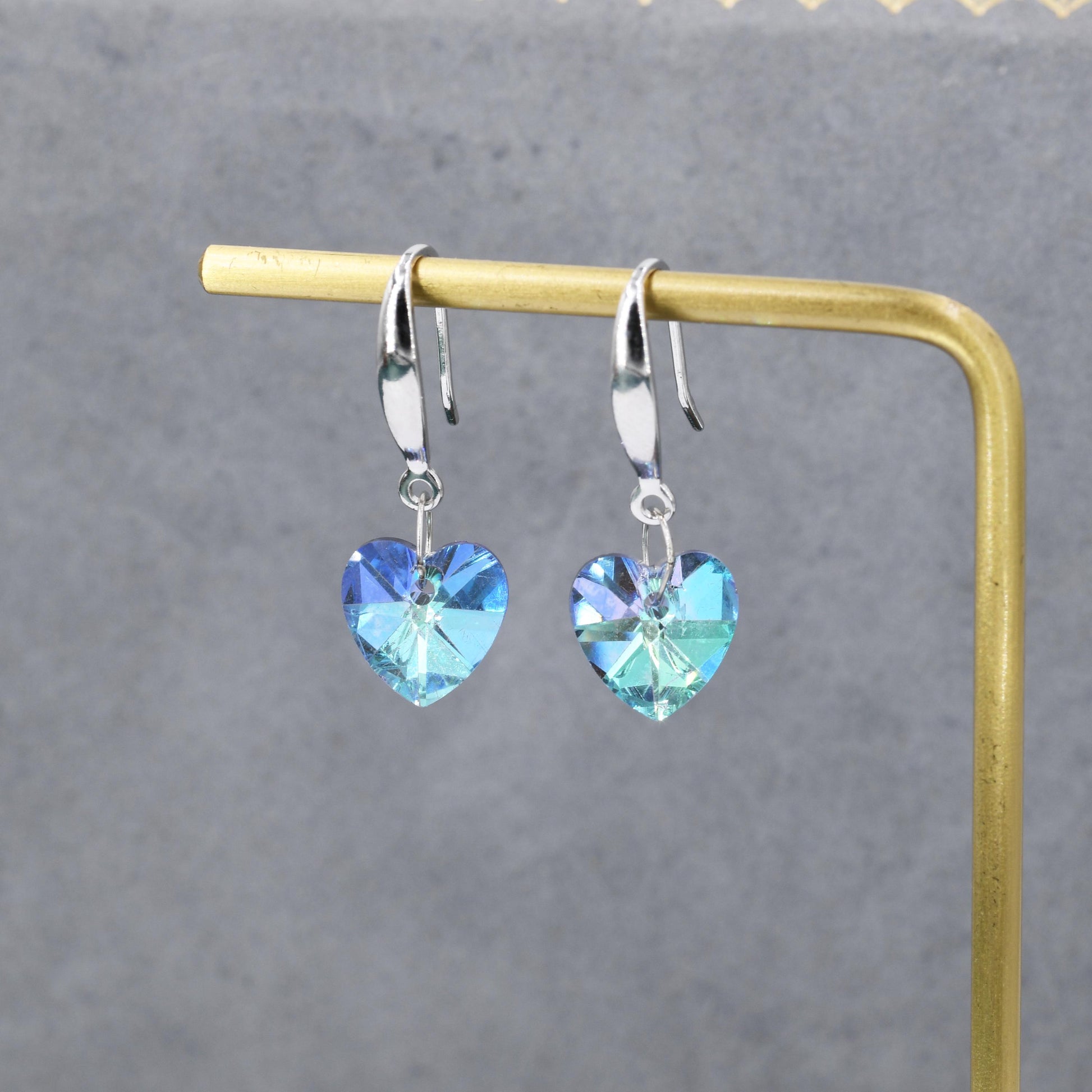 Alexandrite CZ Heart Drop Dangle Earrings in Sterling Silver, Silver or Rose Gold, Blue Crystal Heart Earrings