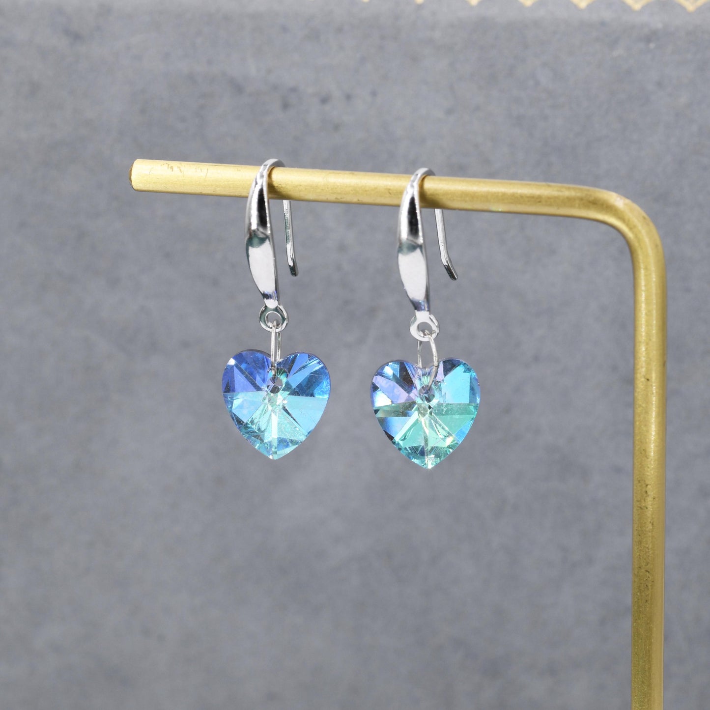 Alexandrite CZ Heart Drop Dangle Earrings in Sterling Silver, Silver or Rose Gold, Blue Crystal Heart Earrings