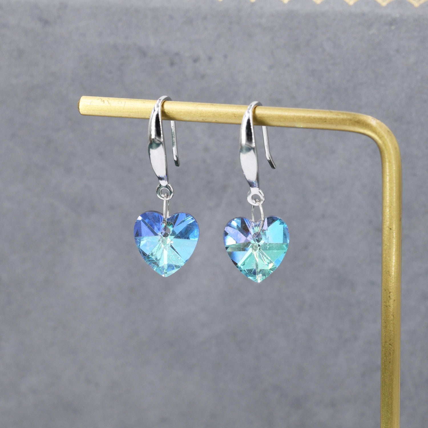 Alexandrite CZ Heart Drop Dangle Earrings in Sterling Silver, Silver or Rose Gold, Blue Crystal Heart Earrings