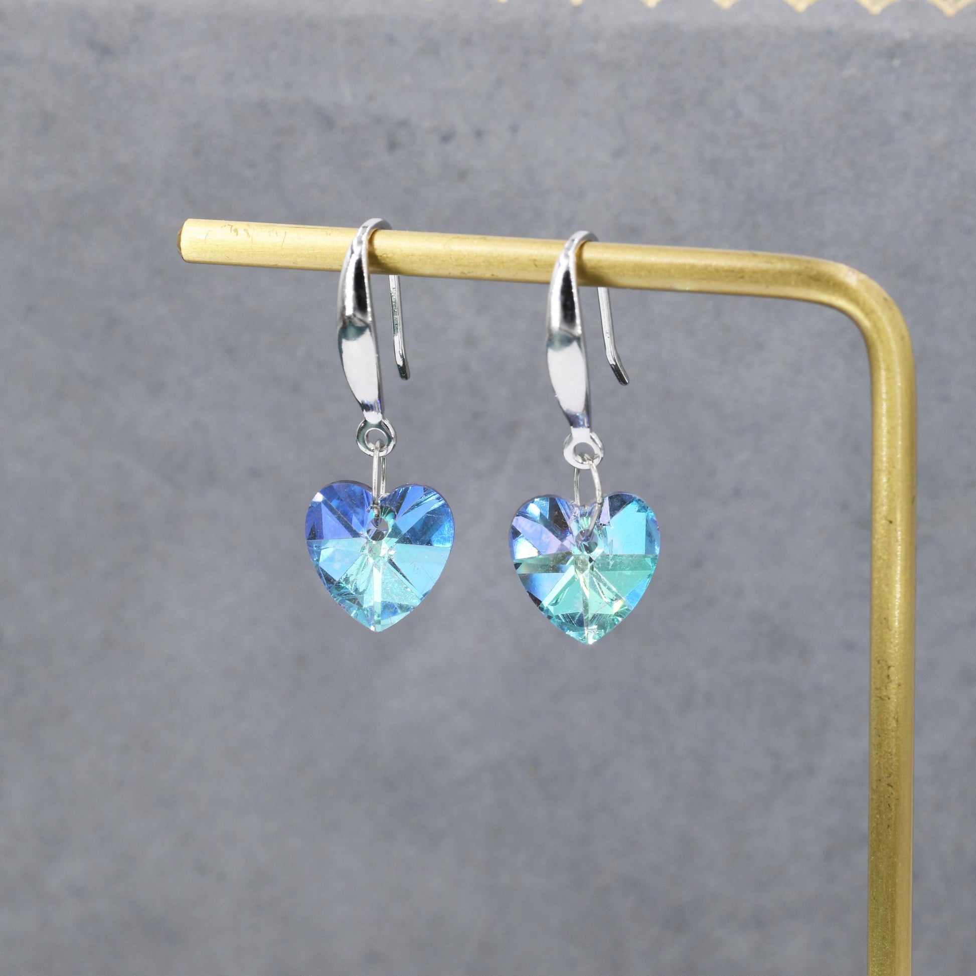 Alexandrite CZ Heart Drop Dangle Earrings in Sterling Silver, Silver or Rose Gold, Blue Crystal Heart Earrings