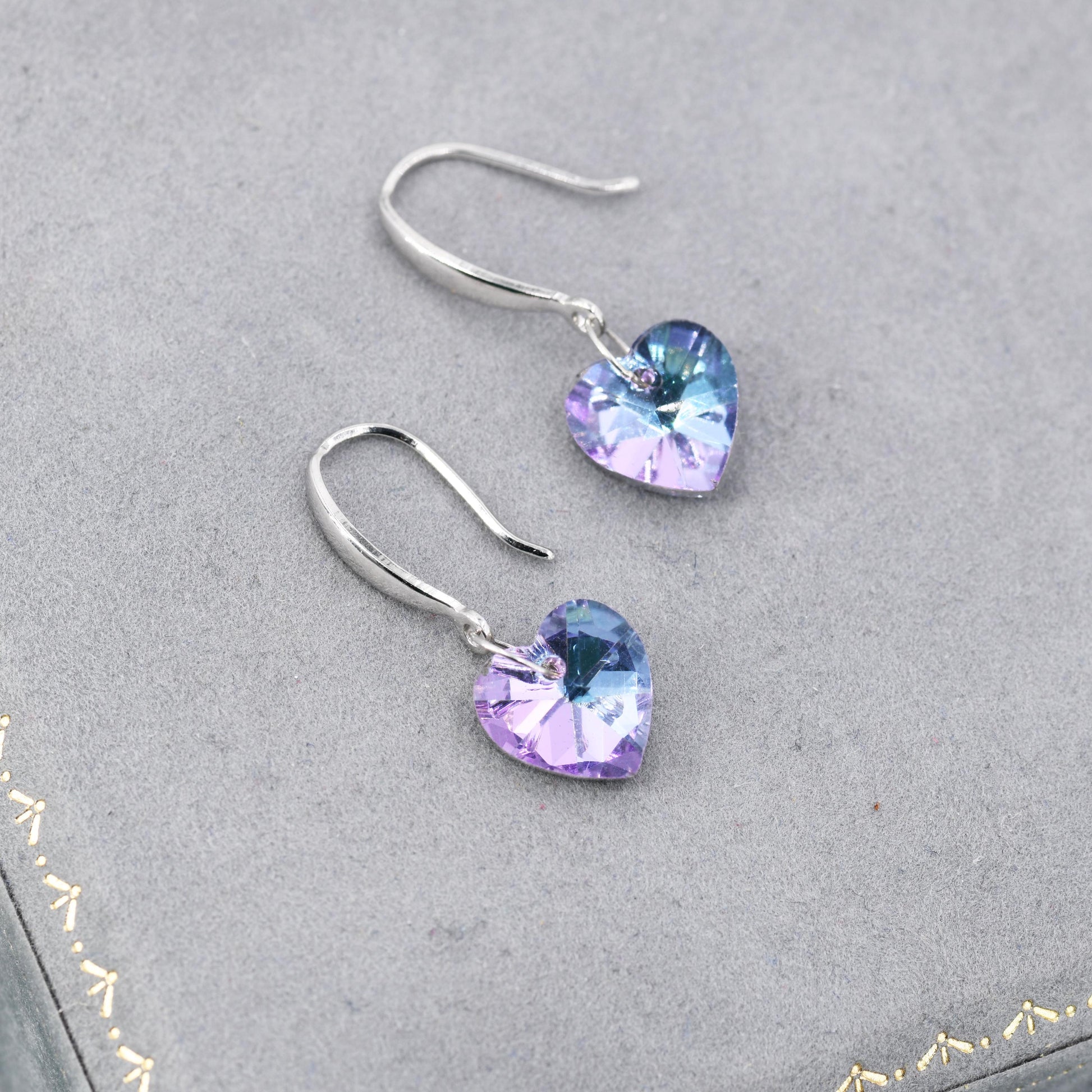 Alexandrite CZ Heart Drop Dangle Earrings in Sterling Silver, Silver or Rose Gold, Blue Crystal Heart Earrings