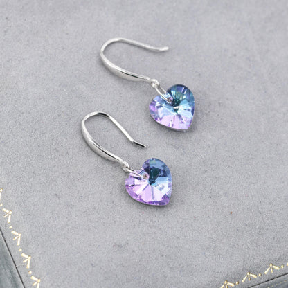 Alexandrite CZ Heart Drop Dangle Earrings in Sterling Silver, Silver or Rose Gold, Blue Crystal Heart Earrings
