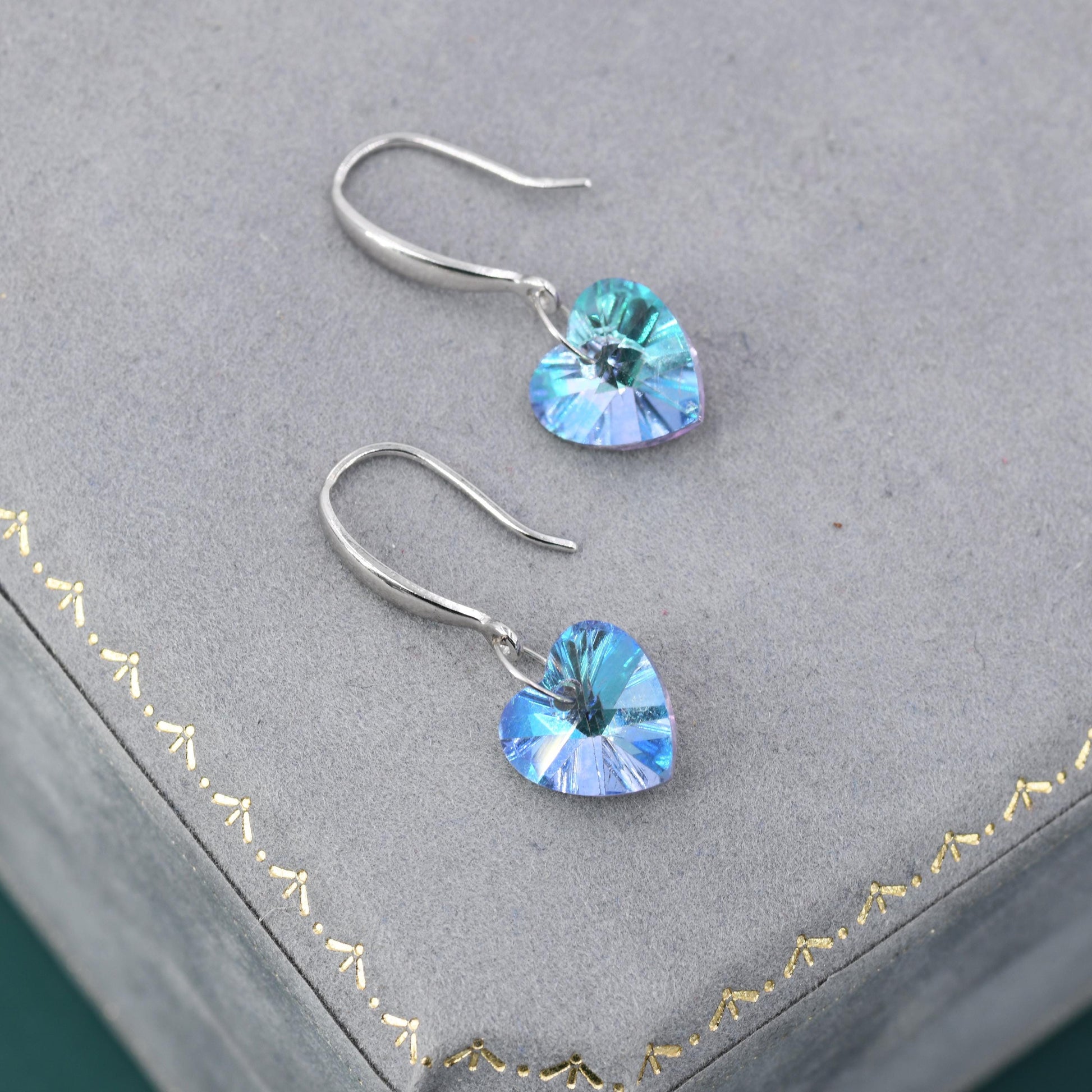 Alexandrite CZ Heart Drop Dangle Earrings in Sterling Silver, Silver or Rose Gold, Blue Crystal Heart Earrings
