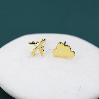 Sterling Silver Mismatched Plane and Cloud Stud Earrings, Silver or Gold, Asymmetric Cloud and Airplane Earrings