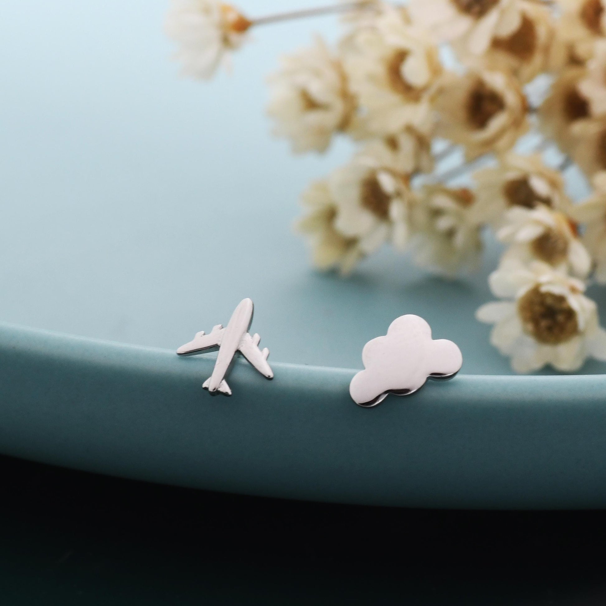 Sterling Silver Mismatched Plane and Cloud Stud Earrings, Silver or Gold, Asymmetric Cloud and Airplane Earrings