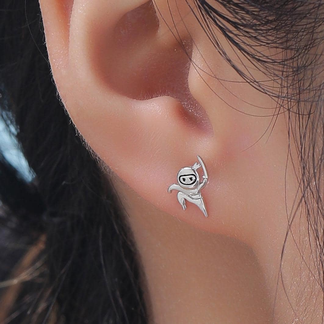 Mismatched Ninja and Ninja Shuriken Star Stud Earrings in Sterling Silver, Silver or Gold or Rose Gold or Black, Asymmetric Ninja Earrings
