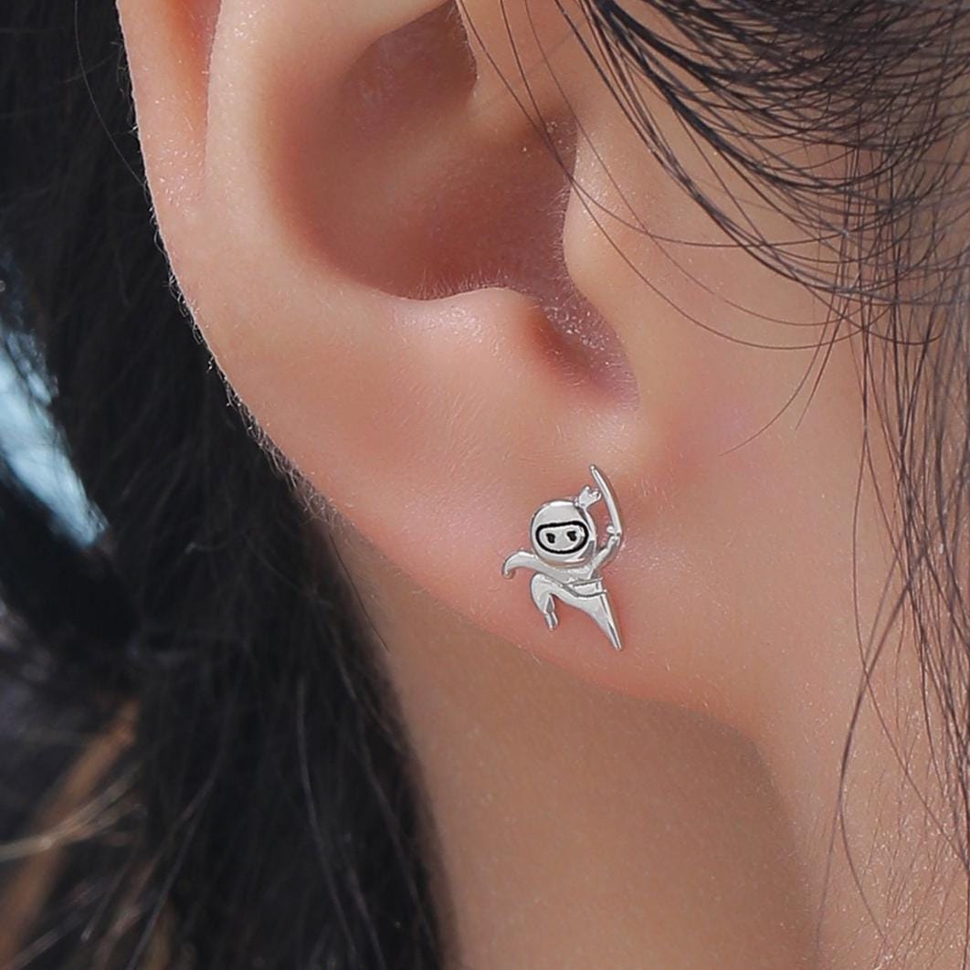 Tiny Mismatched Ninja and Ninja Shuriken Star Stud Earrings in Sterling Silver, Silver, Gold, Rose Gold or Black, Asymmetric Ninja Earrings
